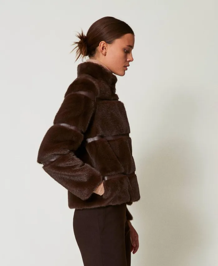 Twinset Short Faux Fur Coat With Inlays Coffee Chocolate Women Jackets And Outerwear Twinset Short Faux Fur Coat With Inlays Coffee Chocolate Women Jackets And Outerwear