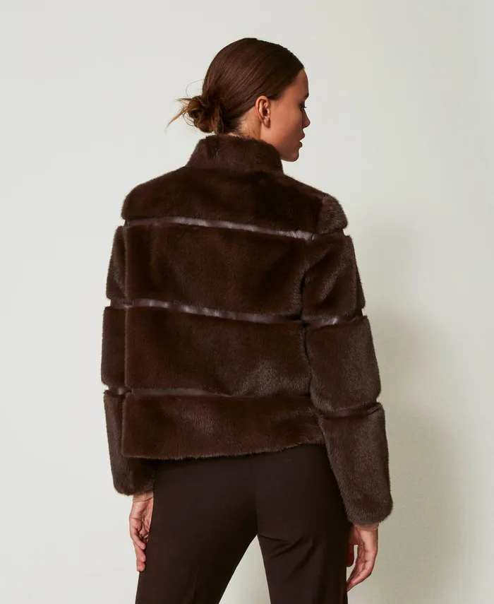Twinset Short Faux Fur Coat With Inlays Coffee Chocolate Women Jackets And Outerwear Twinset Short Faux Fur Coat With Inlays Coffee Chocolate Women Jackets And Outerwear