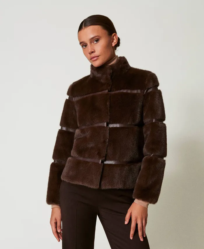 Twinset Short Faux Fur Coat With Inlays Coffee Chocolate Women Jackets And Outerwear Twinset Short Faux Fur Coat With Inlays Coffee Chocolate Women Jackets And Outerwear