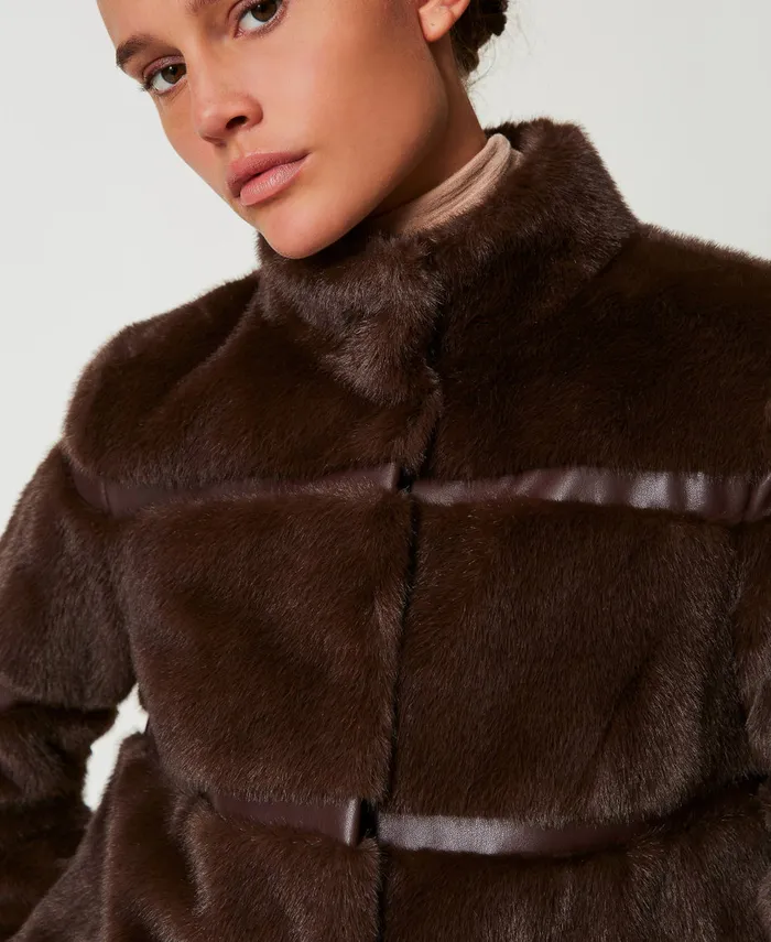 Twinset Short Faux Fur Coat With Inlays Coffee Chocolate Women Jackets And Outerwear Twinset Short Faux Fur Coat With Inlays Coffee Chocolate Women Jackets And Outerwear
