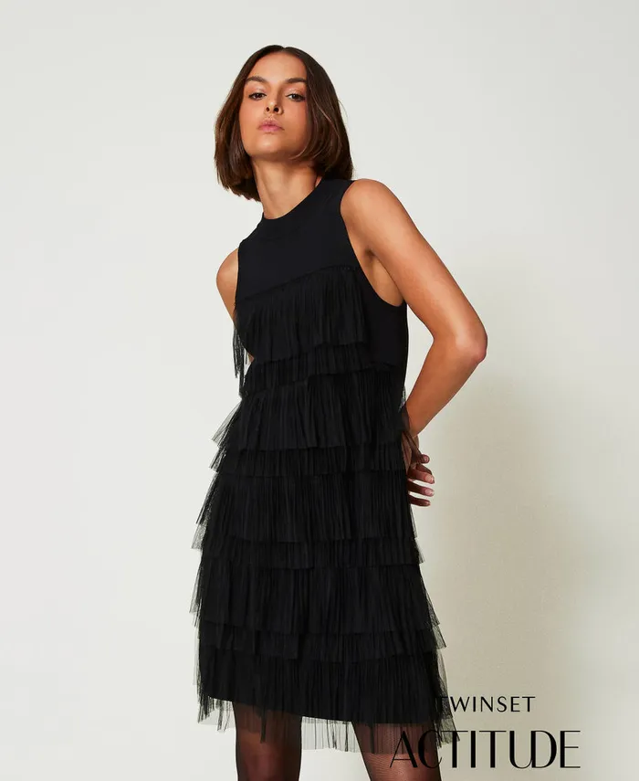 Twinset Short Knit Dress With Tulle Flounces Black Women Dresses