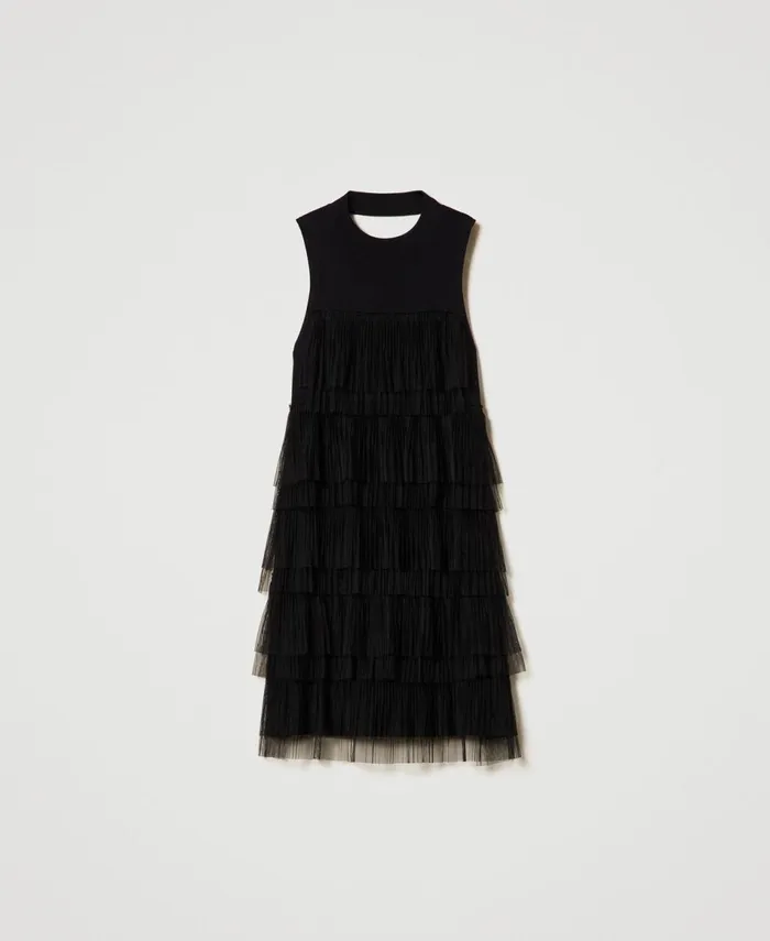 Twinset Short Knit Dress With Tulle Flounces Black Women Dresses Twinset Short Knit Dress With Tulle Flounces Black Women Dresses