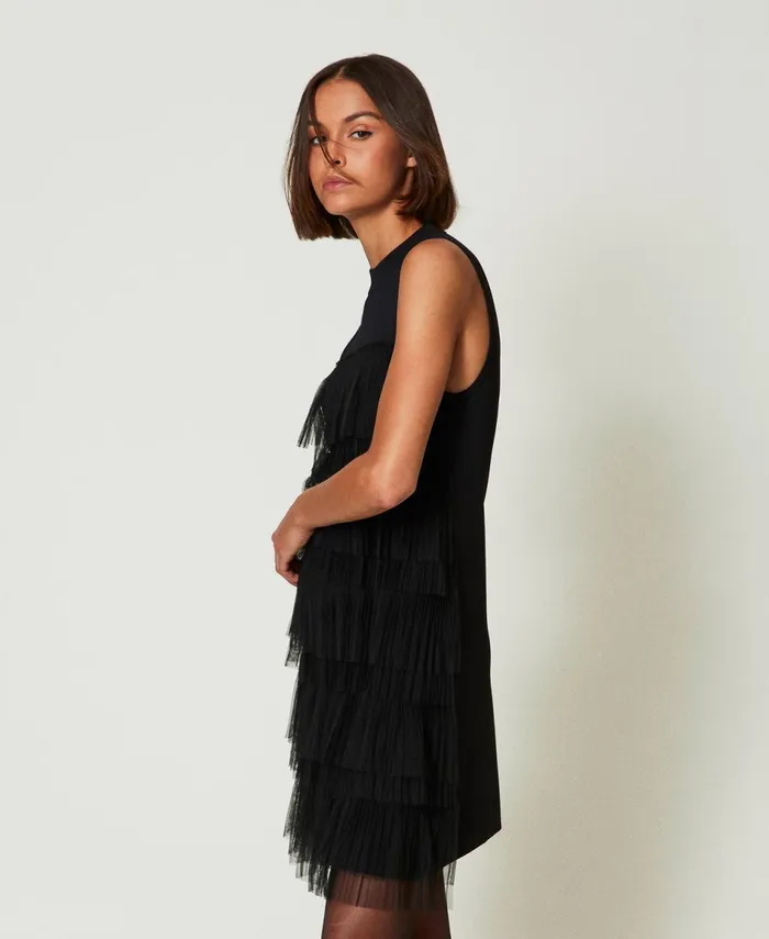Twinset Short Knit Dress With Tulle Flounces Black Women Dresses Twinset Short Knit Dress With Tulle Flounces Black Women Dresses