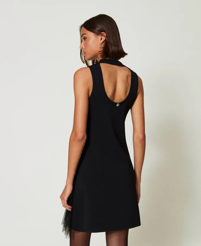 Twinset Short Knit Dress With Tulle Flounces Black Women Dresses Twinset Short Knit Dress With Tulle Flounces Black Women Dresses