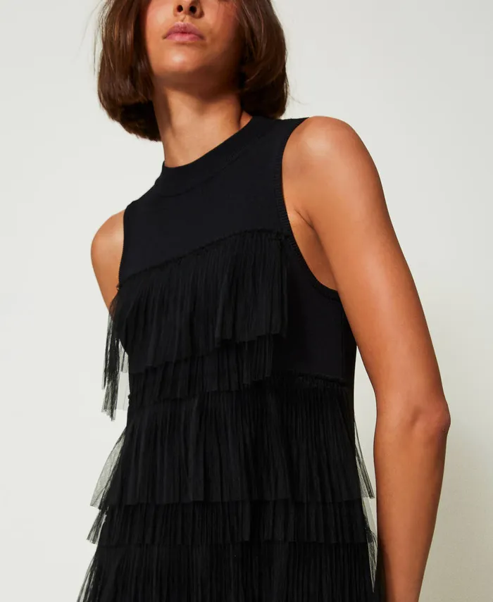 Twinset Short Knit Dress With Tulle Flounces Black Women Dresses Twinset Short Knit Dress With Tulle Flounces Black Women Dresses