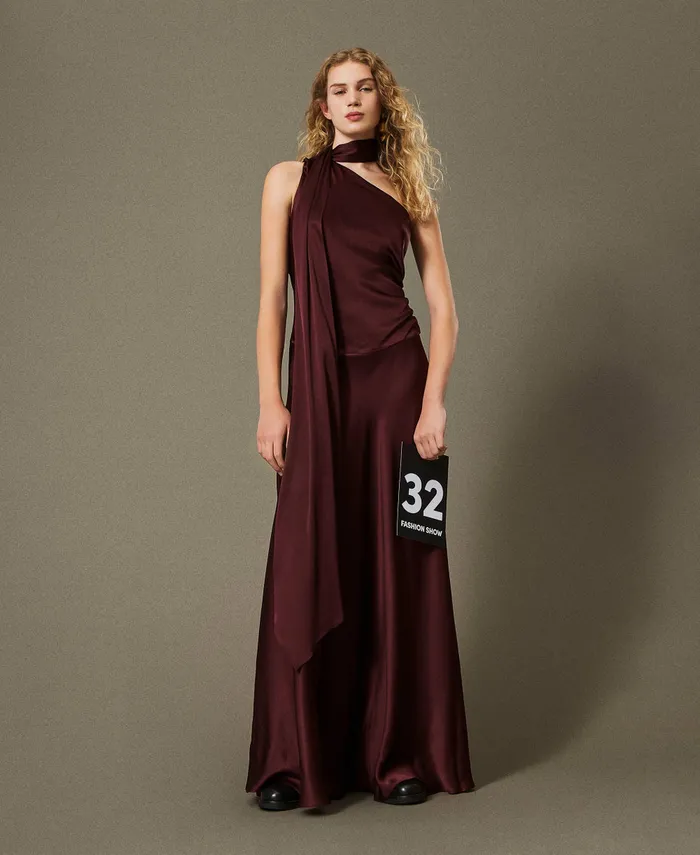 Twinset Silk Blend Long Satin OneShoulder Dress Myrtle Red Women Dresses