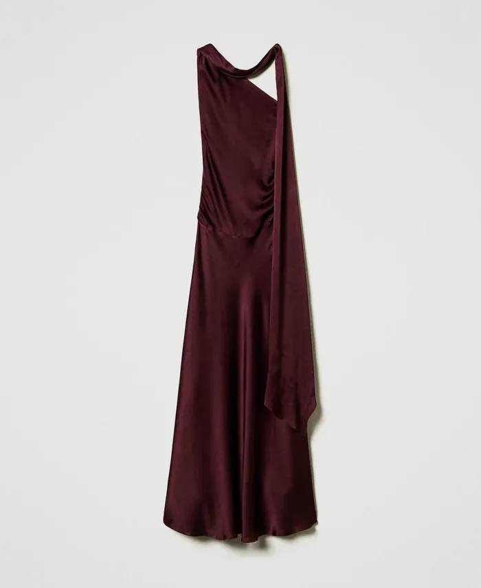 Twinset Silk Blend Long Satin OneShoulder Dress Myrtle Red Women Dresses Twinset Silk Blend Long Satin OneShoulder Dress Myrtle Red Women Dresses