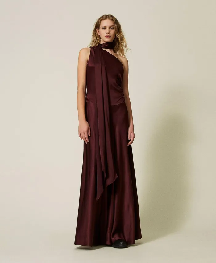 Twinset Silk Blend Long Satin OneShoulder Dress Myrtle Red Women Dresses Twinset Silk Blend Long Satin OneShoulder Dress Myrtle Red Women Dresses