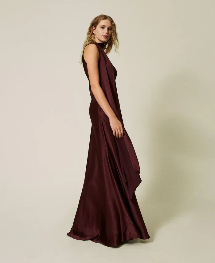 Twinset Silk Blend Long Satin OneShoulder Dress Myrtle Red Women Dresses Twinset Silk Blend Long Satin OneShoulder Dress Myrtle Red Women Dresses