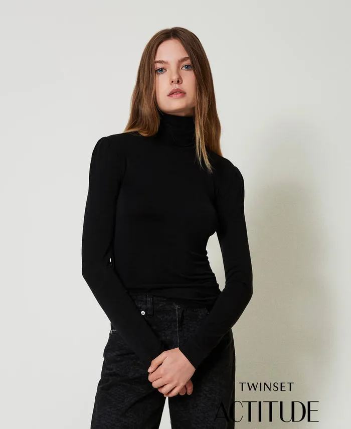 Twinset Slim Fit Turtleneck TShirt Black Women TShirts And Tops