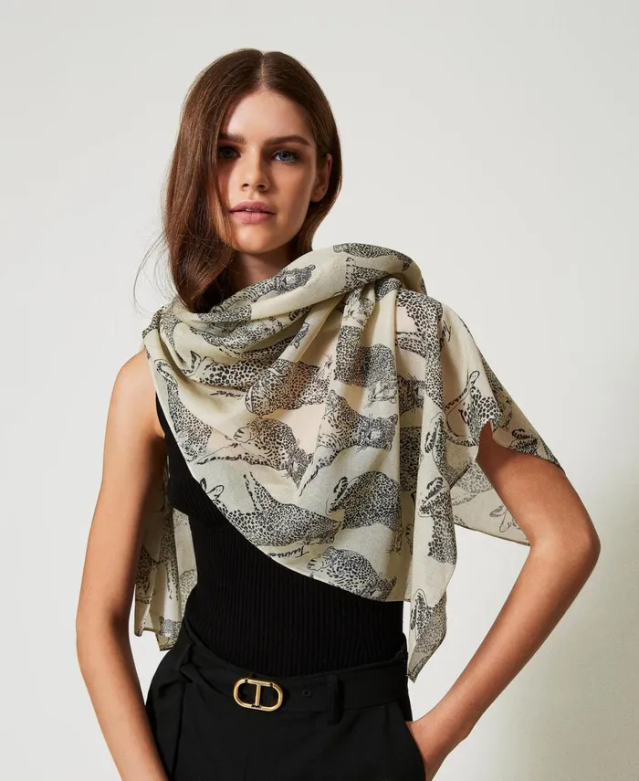 Twinset Stole With Printed Jaguars Black Snow White Jaguar Print Women Scarves Twinset Stole With Printed Jaguars Black Snow White Jaguar Print Women Scarves