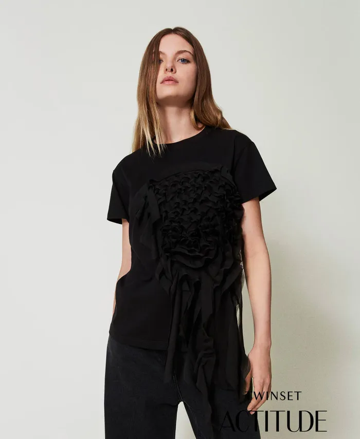 Twinset TShirt With Creponne Ruffles Black Women TShirts And Tops