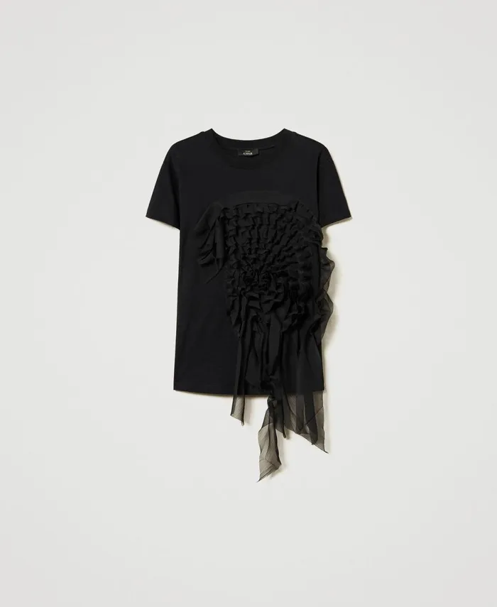 Twinset TShirt With Creponne Ruffles Black Women TShirts And Tops Twinset TShirt With Creponne Ruffles Black Women TShirts And Tops