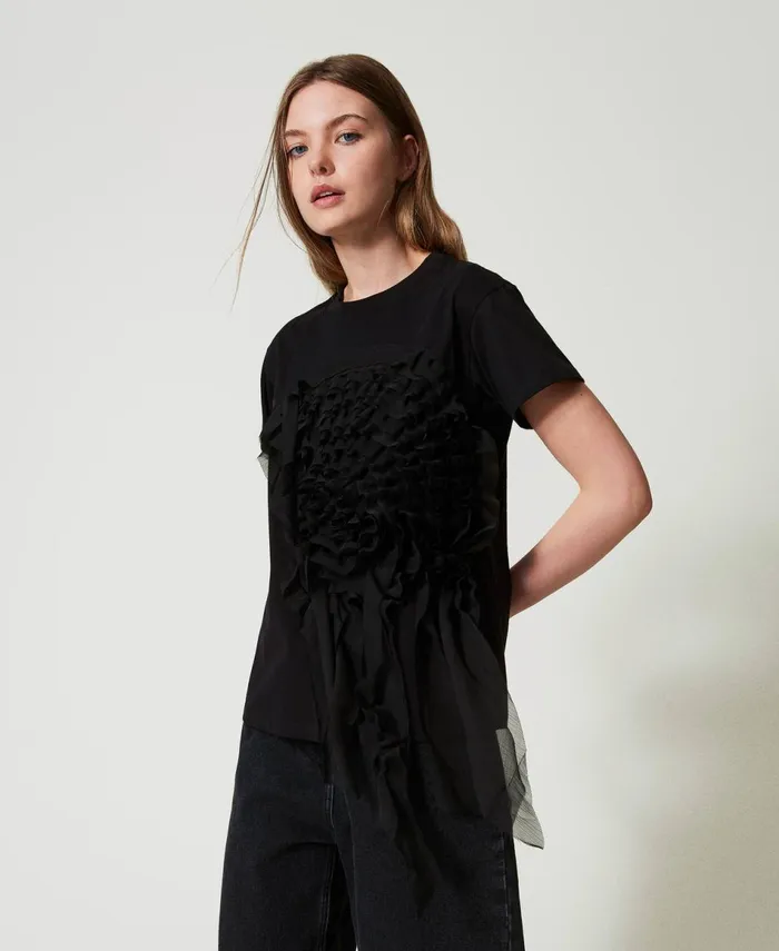 Twinset TShirt With Creponne Ruffles Black Women TShirts And Tops Twinset TShirt With Creponne Ruffles Black Women TShirts And Tops
