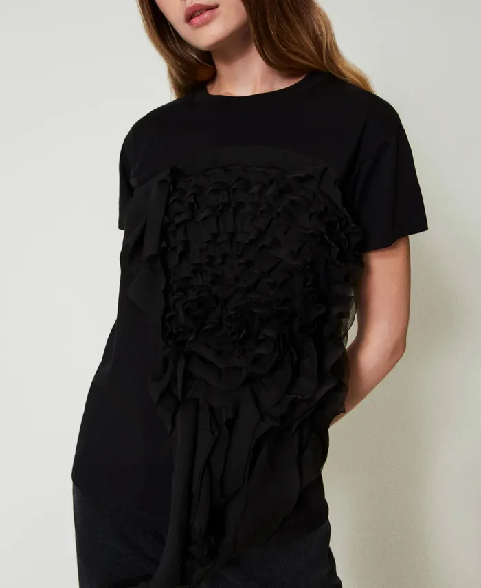 Twinset TShirt With Creponne Ruffles Black Women TShirts And Tops Twinset TShirt With Creponne Ruffles Black Women TShirts And Tops