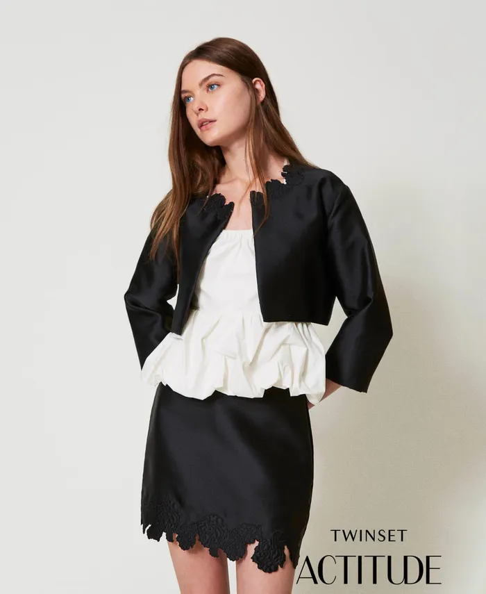 Twinset Twill Jacket With Broderie Anglaise Black Women Jackets And Outerwear