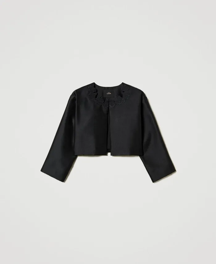 Twinset Twill Jacket With Broderie Anglaise Black Women Jackets And Outerwear Twinset Twill Jacket With Broderie Anglaise Black Women Jackets And Outerwear