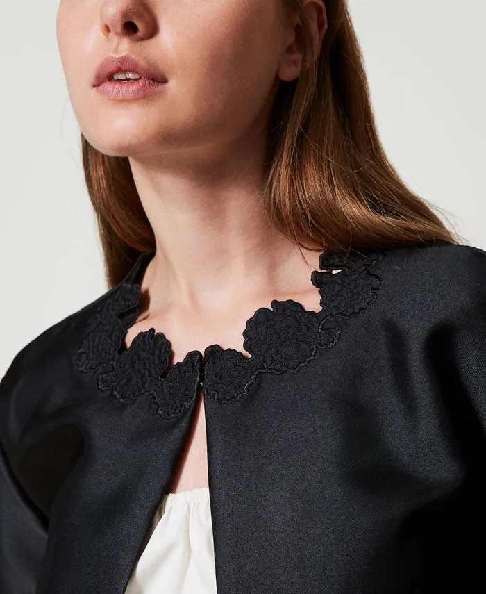 Twinset Twill Jacket With Broderie Anglaise Black Women Jackets And Outerwear Twinset Twill Jacket With Broderie Anglaise Black Women Jackets And Outerwear