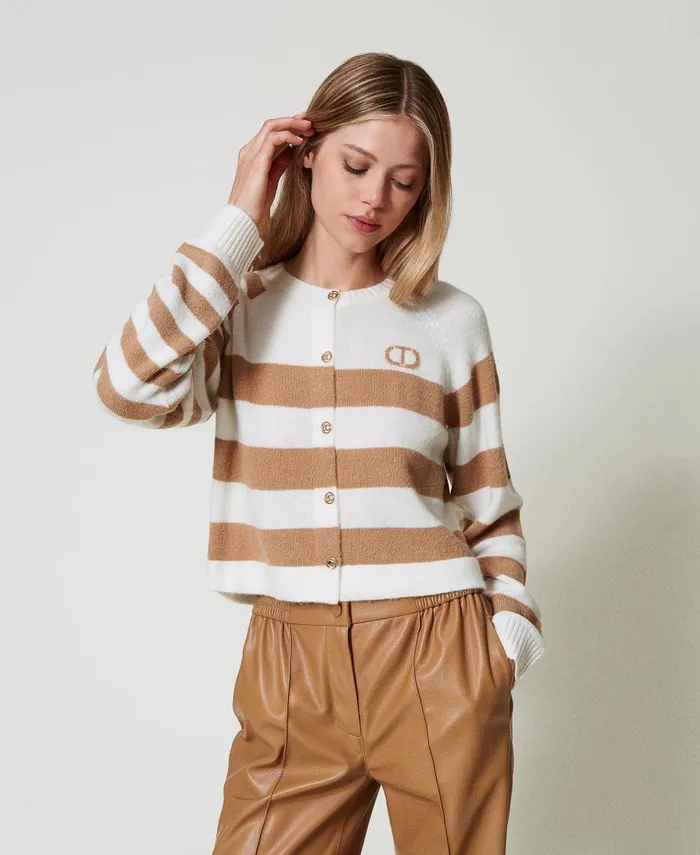 Twinset TwoTone Striped Cardigan Twotone Snow White Sandy Brown Women Jumpers And Cardigans