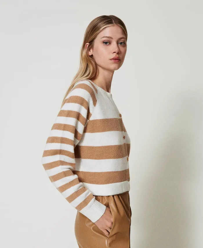 Twinset TwoTone Striped Cardigan Twotone Snow White Sandy Brown Women Jumpers And Cardigans Twinset TwoTone Striped Cardigan Twotone Snow White Sandy Brown Women Jumpers And Cardigans