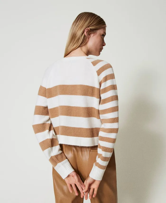 Twinset TwoTone Striped Cardigan Twotone Snow White Sandy Brown Women Jumpers And Cardigans Twinset TwoTone Striped Cardigan Twotone Snow White Sandy Brown Women Jumpers And Cardigans