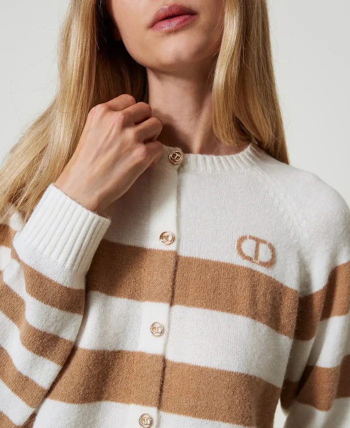 Twinset TwoTone Striped Cardigan Twotone Snow White Sandy Brown Women Jumpers And Cardigans Twinset TwoTone Striped Cardigan Twotone Snow White Sandy Brown Women Jumpers And Cardigans
