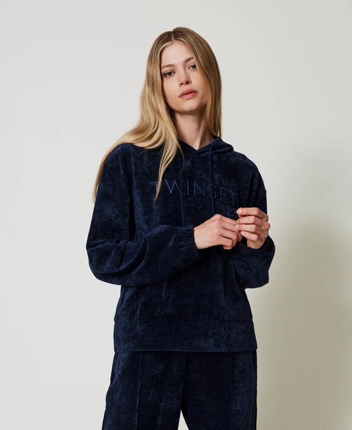 Twinset Velvet Hoodie With Embroidered Logo Blackout Blue Women Sweatshirts