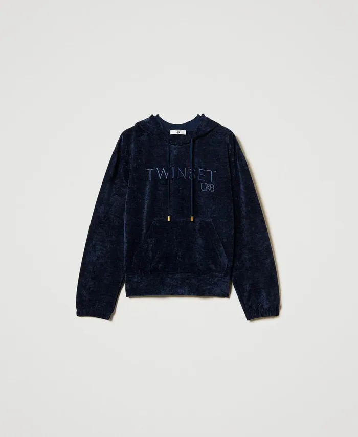 Twinset Velvet Hoodie With Embroidered Logo Blackout Blue Women Sweatshirts Twinset Velvet Hoodie With Embroidered Logo Blackout Blue Women Sweatshirts