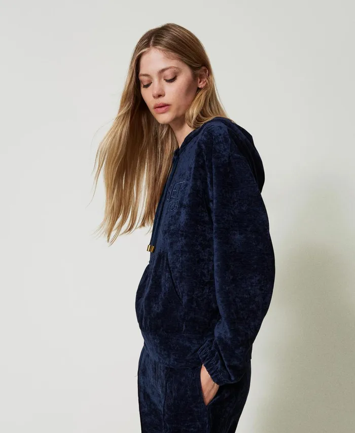 Twinset Velvet Hoodie With Embroidered Logo Blackout Blue Women Sweatshirts Twinset Velvet Hoodie With Embroidered Logo Blackout Blue Women Sweatshirts
