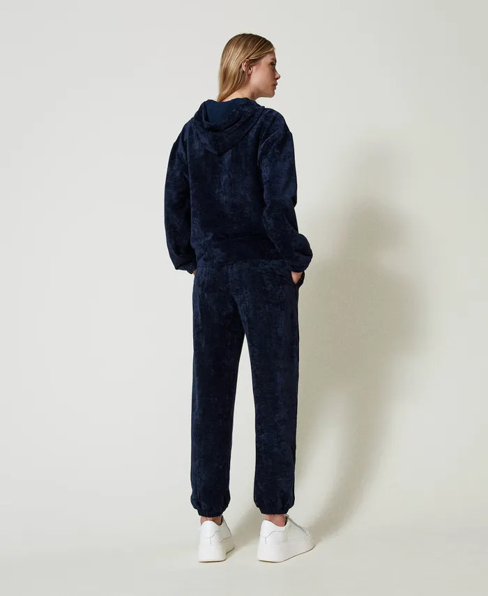 Twinset Velvet Hoodie With Embroidered Logo Blackout Blue Women Sweatshirts Twinset Velvet Hoodie With Embroidered Logo Blackout Blue Women Sweatshirts