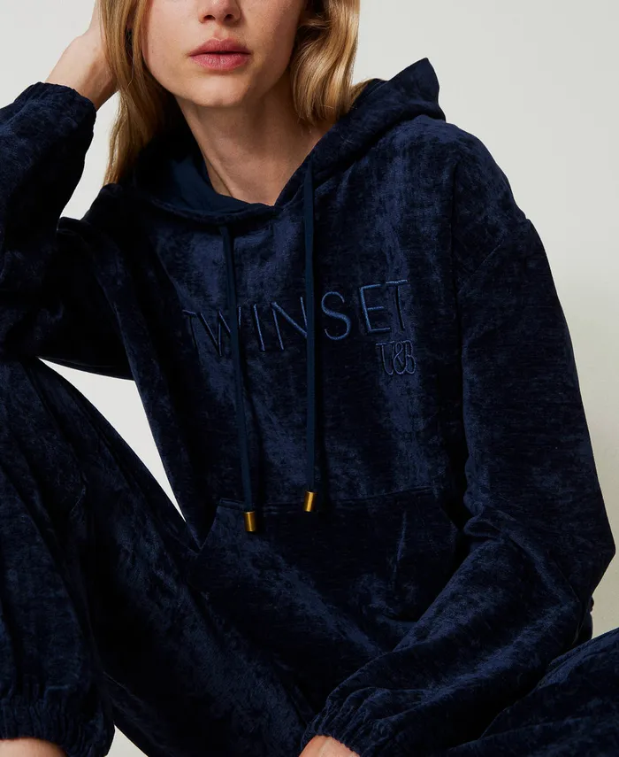 Twinset Velvet Hoodie With Embroidered Logo Blackout Blue Women Sweatshirts Twinset Velvet Hoodie With Embroidered Logo Blackout Blue Women Sweatshirts
