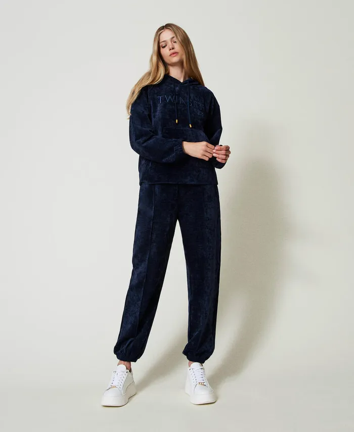 Twinset Velvet Hoodie With Embroidered Logo Blackout Blue Women Sweatshirts Twinset Velvet Hoodie With Embroidered Logo Blackout Blue Women Sweatshirts