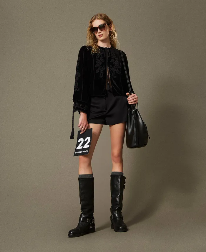 Twinset Velvet Jacket With Embroidery Black Women Jackets And Outerwear
