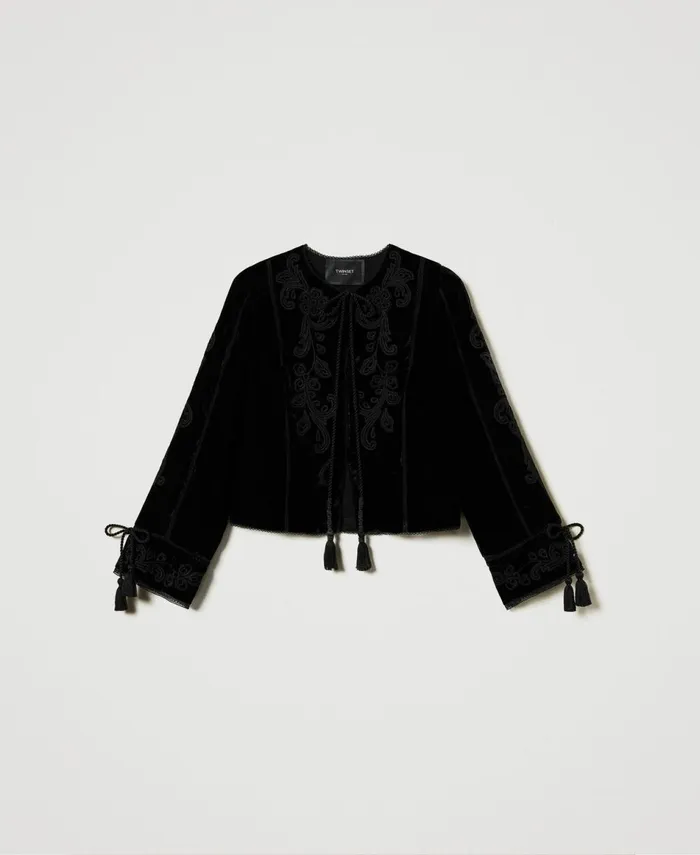 Twinset Velvet Jacket With Embroidery Black Women Jackets And Outerwear Twinset Velvet Jacket With Embroidery Black Women Jackets And Outerwear