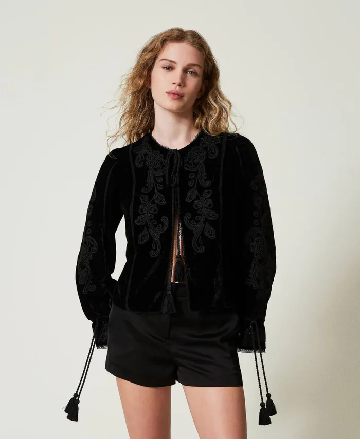 Twinset Velvet Jacket With Embroidery Black Women Jackets And Outerwear Twinset Velvet Jacket With Embroidery Black Women Jackets And Outerwear