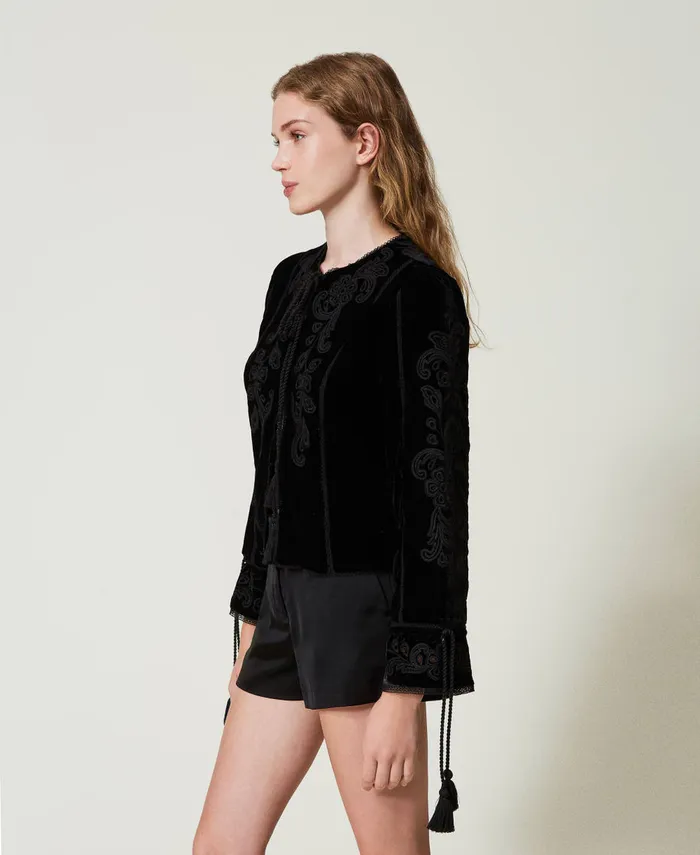 Twinset Velvet Jacket With Embroidery Black Women Jackets And Outerwear Twinset Velvet Jacket With Embroidery Black Women Jackets And Outerwear