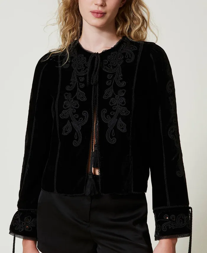 Twinset Velvet Jacket With Embroidery Black Women Jackets And Outerwear Twinset Velvet Jacket With Embroidery Black Women Jackets And Outerwear