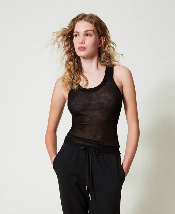 Twinset Viscose Knit Fitted Top Black Women TShirts And Tops