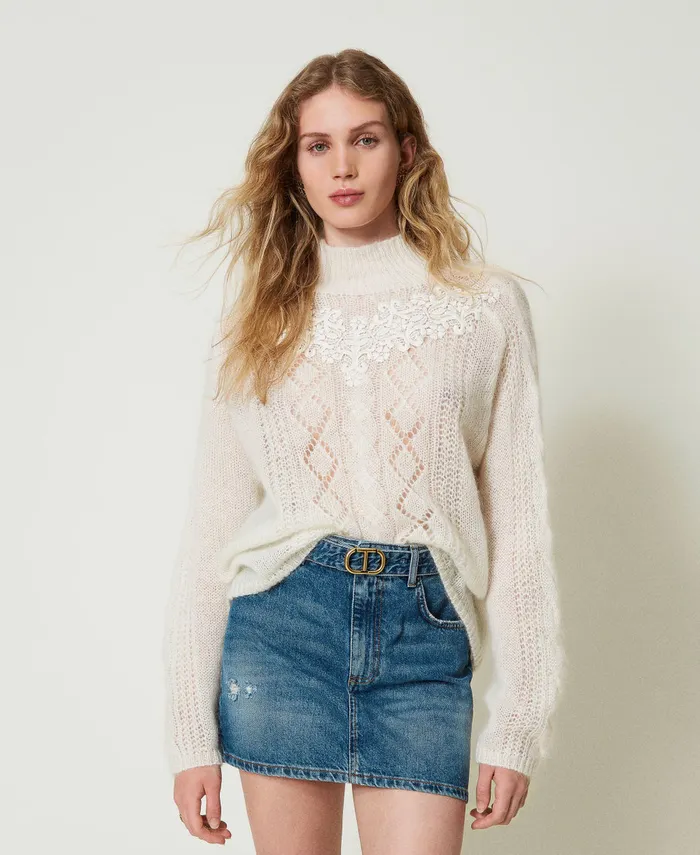 Twinset Wool And Mohair Turtleneck Jumper With Lace White Snow Women Jumpers And Cardigans