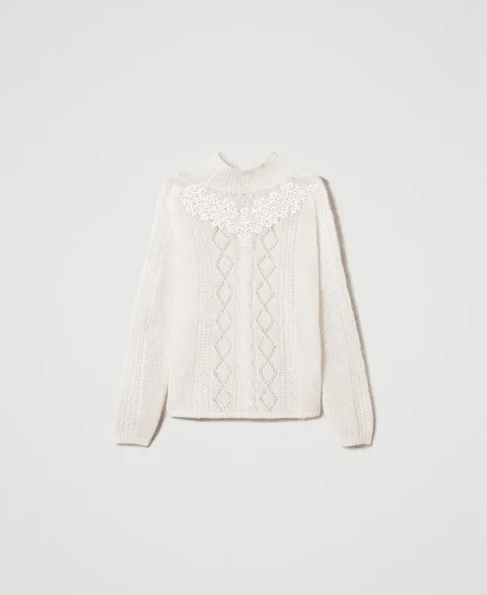 Twinset Wool And Mohair Turtleneck Jumper With Lace White Snow Women Jumpers And Cardigans Twinset Wool And Mohair Turtleneck Jumper With Lace White Snow Women Jumpers And Cardigans