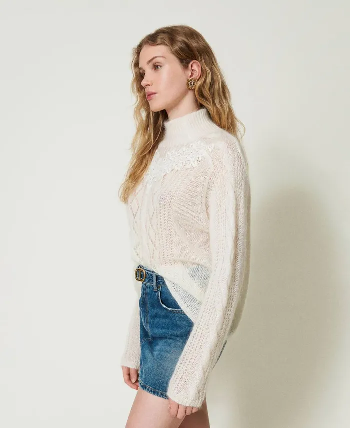 Twinset Wool And Mohair Turtleneck Jumper With Lace White Snow Women Jumpers And Cardigans Twinset Wool And Mohair Turtleneck Jumper With Lace White Snow Women Jumpers And Cardigans