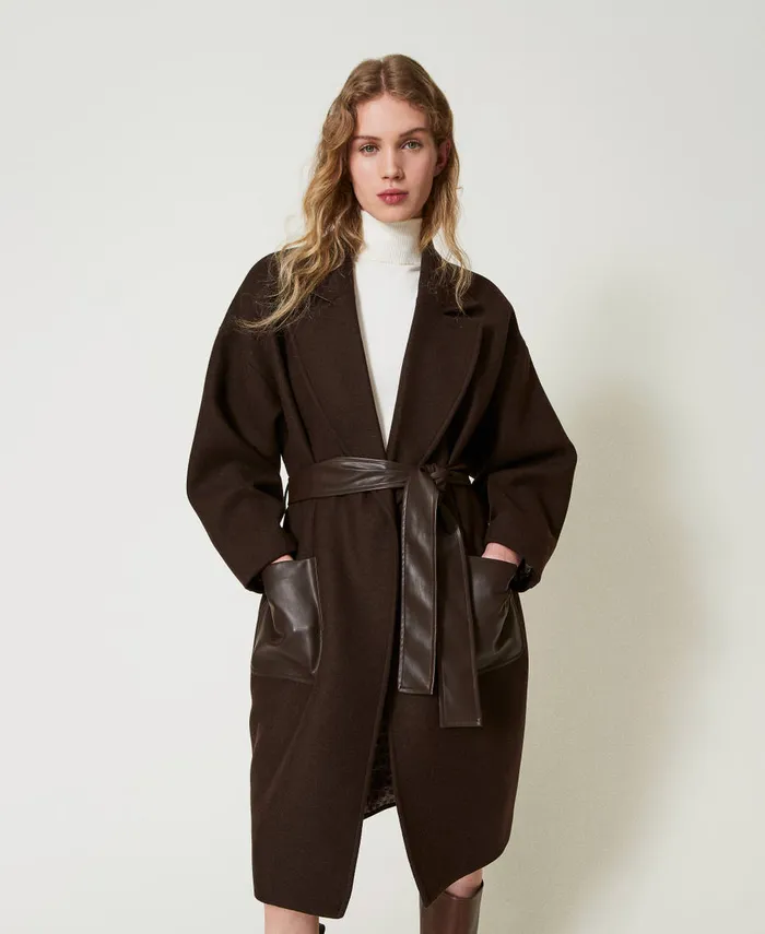 Twinset Wool Blend Coat With LeatherLike Pockets Chocolate Women Jackets And Outerwear