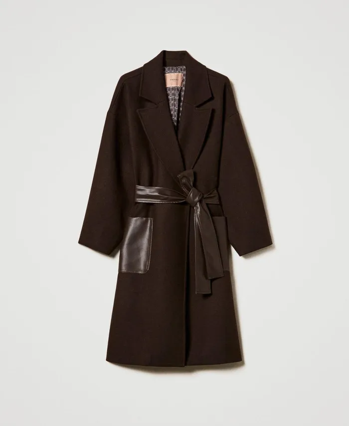 Twinset Wool Blend Coat With LeatherLike Pockets Chocolate Women Jackets And Outerwear Twinset Wool Blend Coat With LeatherLike Pockets Chocolate Women Jackets And Outerwear