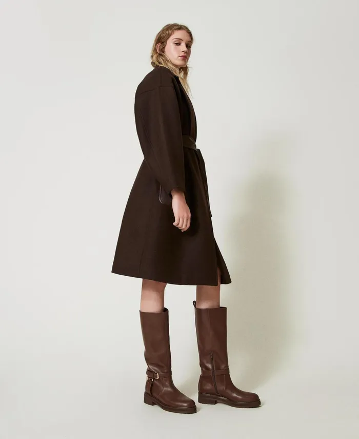 Twinset Wool Blend Coat With LeatherLike Pockets Chocolate Women Jackets And Outerwear Twinset Wool Blend Coat With LeatherLike Pockets Chocolate Women Jackets And Outerwear
