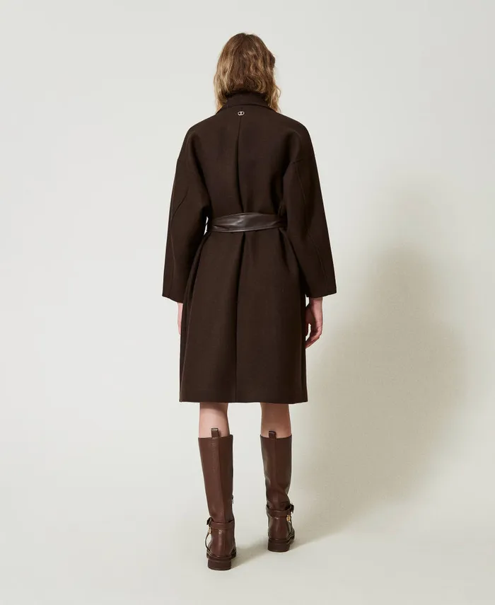Twinset Wool Blend Coat With LeatherLike Pockets Chocolate Women Jackets And Outerwear Twinset Wool Blend Coat With LeatherLike Pockets Chocolate Women Jackets And Outerwear