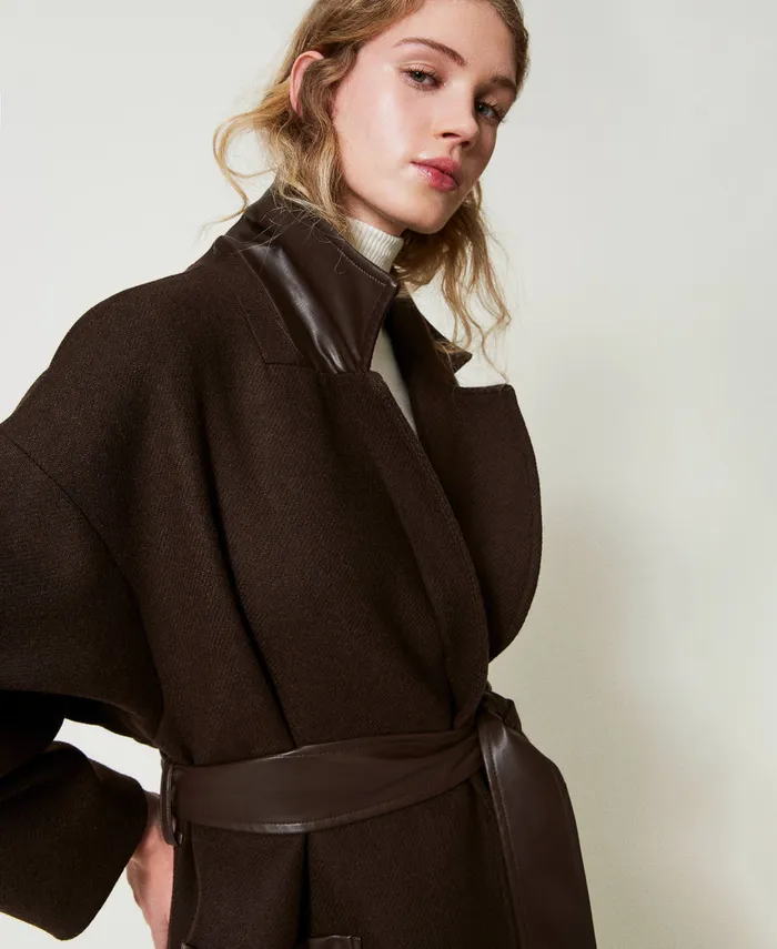 Twinset Wool Blend Coat With LeatherLike Pockets Chocolate Women Jackets And Outerwear Twinset Wool Blend Coat With LeatherLike Pockets Chocolate Women Jackets And Outerwear
