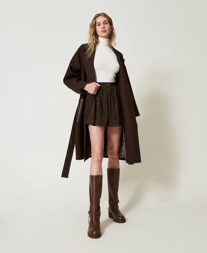 Twinset Wool Blend Coat With LeatherLike Pockets Chocolate Women Jackets And Outerwear Twinset Wool Blend Coat With LeatherLike Pockets Chocolate Women Jackets And Outerwear