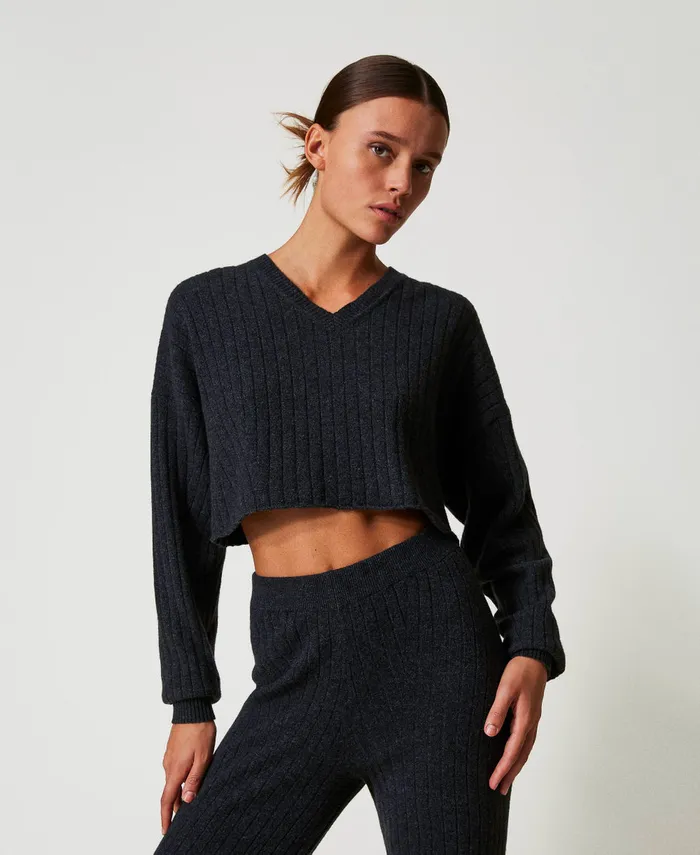 Twinset Wool Blend Cropped Jumper Melange Charcoal Grey Women Jumpers And Cardigans