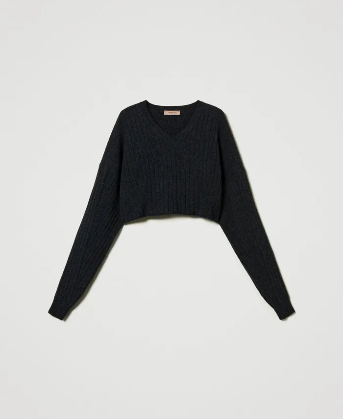 Twinset Wool Blend Cropped Jumper Melange Charcoal Grey Women Jumpers And Cardigans