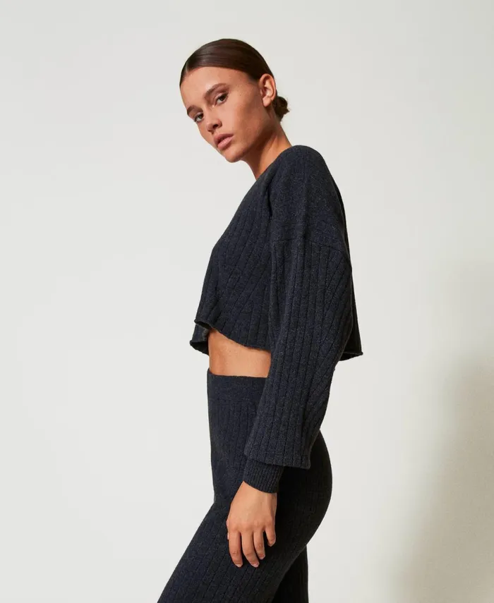 Twinset Wool Blend Cropped Jumper Melange Charcoal Grey Women Jumpers And Cardigans